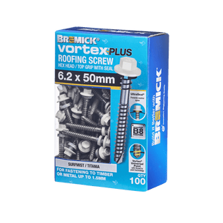 Bremick Vortex Plus Roofing Screw 6.2 x 50mm HEX B8 SM BOX 100