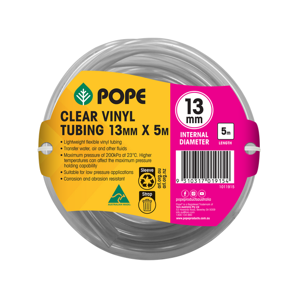 Pope 13mm x 5m Clear Vinyl Tubing
