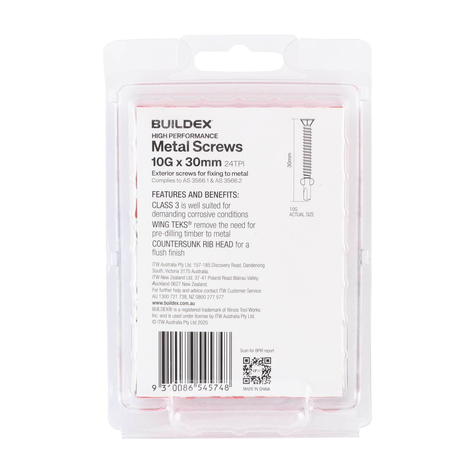Buildex 10G x 30mm Class 3 Sheet Metal Screws (Countersunk Rib Head) - 50 Pack - Image 2 of 5