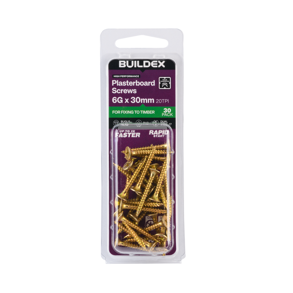 Buildex 6G x 30mm Gold Passivated Plasterboard Screws - 30 Pack - Image 1 of 9