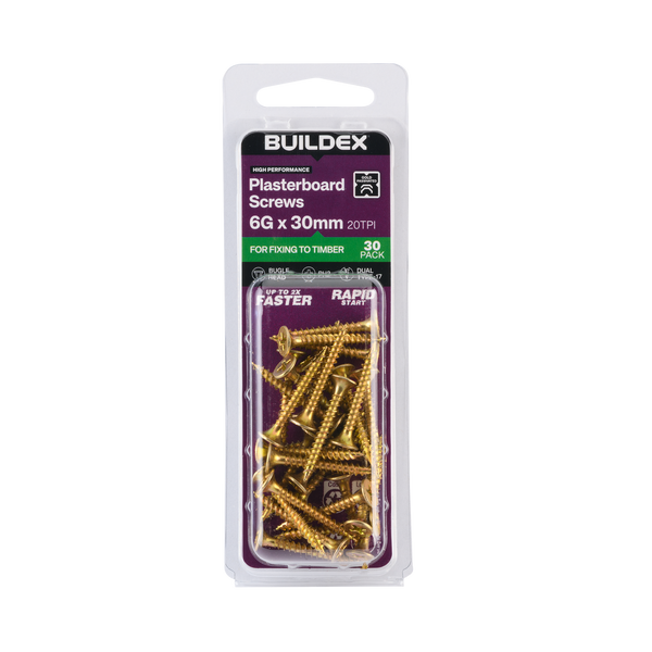 Buildex 6G x 30mm Gold Passivated Plasterboard Screws - 30 Pack