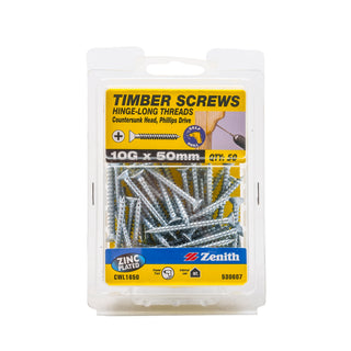 Zenith 10G x 50mm Zinc Plated Hinge-Long Thread Countersunk Head Timber Screws - 50 Pack