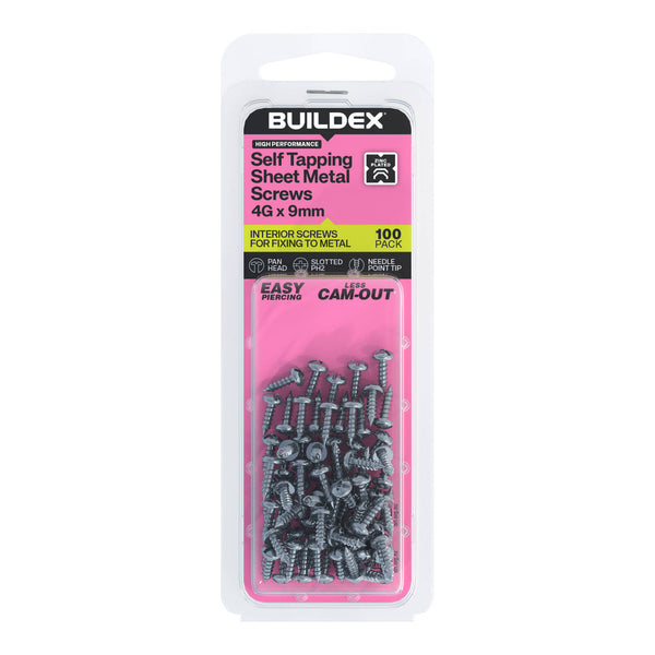 Buildex 4G x 9mm Zinc Plated Self Tapping Sheet Metal Screws - 100 Pack