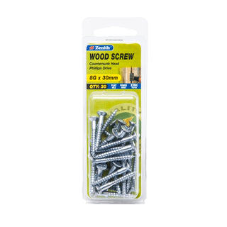 Zenith 8G x 30mm Zinc Plated Countersunk Head Wood Screws - 30 Pack
