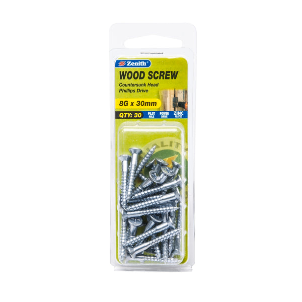 Zenith 8G x 30mm Zinc Plated Countersunk Head Wood Screws - 30 Pack