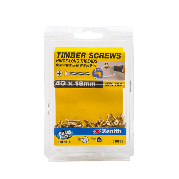 Zenith 4G x 16mm Brass Plated Hinge-Long Thread Countersunk Head Timber Screws - 100 Pack