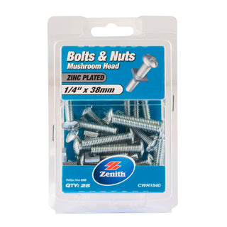 Zenith 1/4" x 38mm Mushroom Head Bolt And Nut - 25 Pack