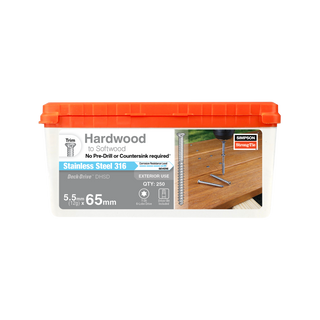 Simpson Strong-Tie 12G (5.5mm) x 65mm 316 Stainless Steel DHSD No-PreDrill Hardwood To Softwood Decking Screws - 250 Pack