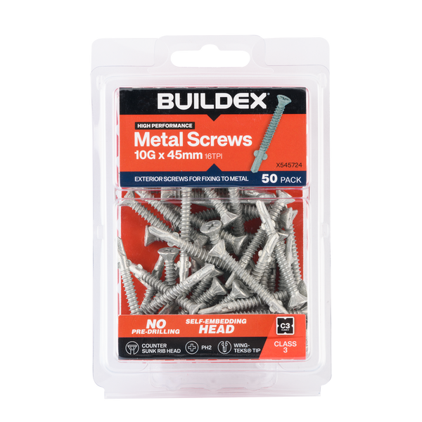 Buildex 10G x 45mm Class 3 Sheet Metal Screws - 50 Pack
