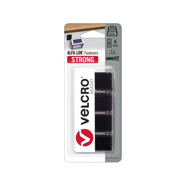 VELCRO Brand 25mm Black Squares ALFA-LOK - 6 Pack