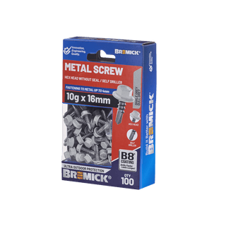 Bremick Metal Hex Screw 10g x 16mm B8 SH BX100