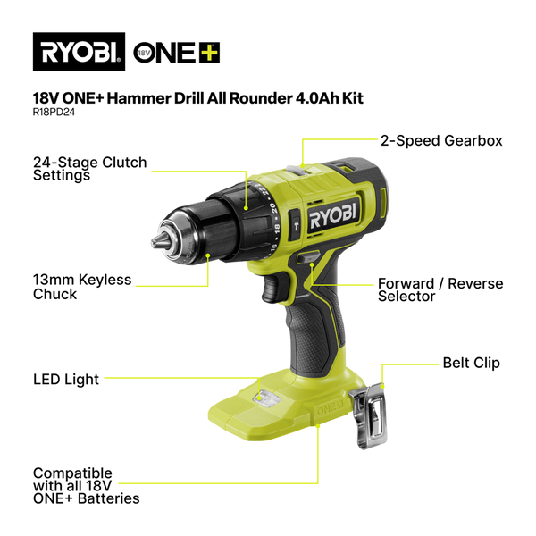 Ryobi 18V ONE+ Hammer Drill All Rounder Kit R18PD24