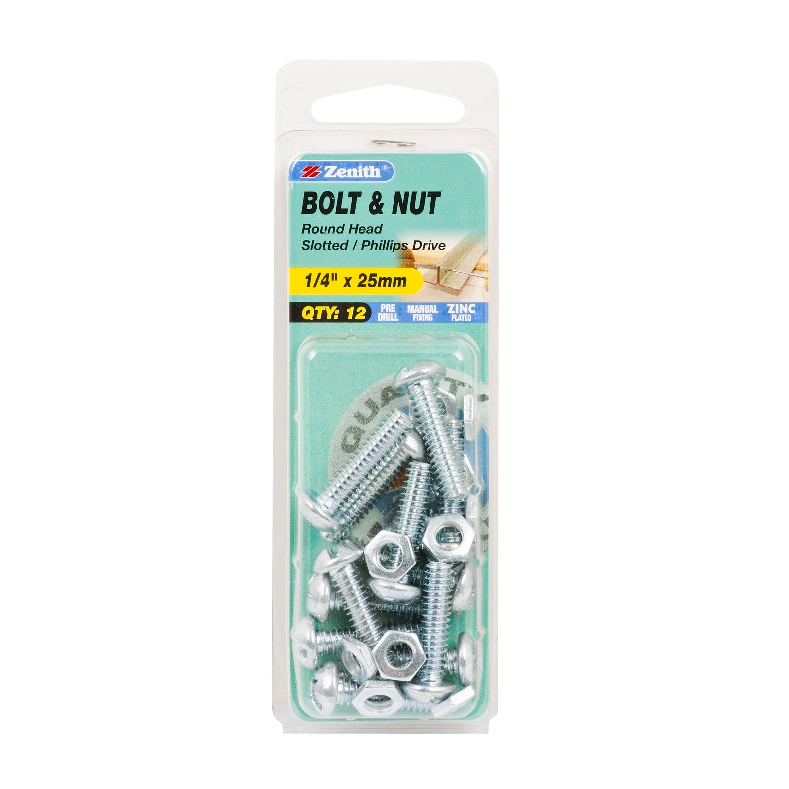 Zenith 1/4" x 25mm Zinc Plated Round Head Bolt And Nut - 12 Pack - Image 1 of 1
