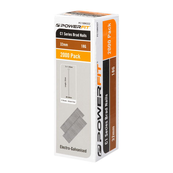 PowerFit 32mm C1 Series Electro-Galvanised Brad Nails - 2000 Pack