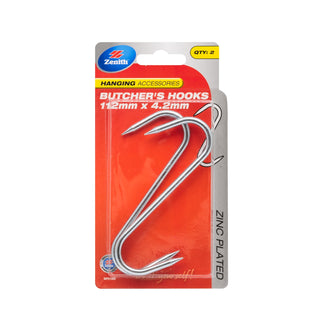 Zenith 112 x 4.2mm Zinc Plated Small Butcher's Hook - 2 Pack