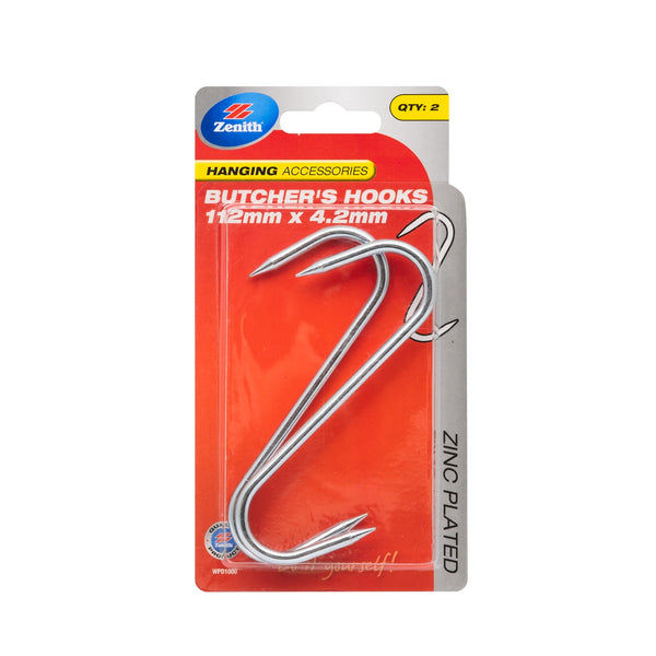 Zenith 112 x 4.2mm Zinc Plated Small Butcher's Hook - 2 Pack