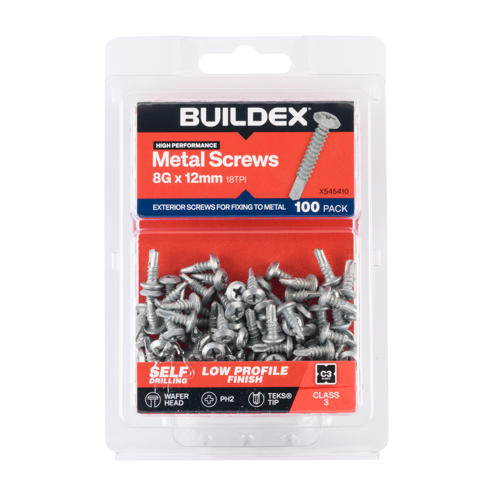 Buildex 8G x 12mm Class 3 Wafer Head Sheet Metal Screws - 100 Pack - Image 1 of 5