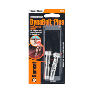 Ramset 10 x 50mm Stainless Steel DynaBolt Plus Hex Nut Bolt - 2 Pack