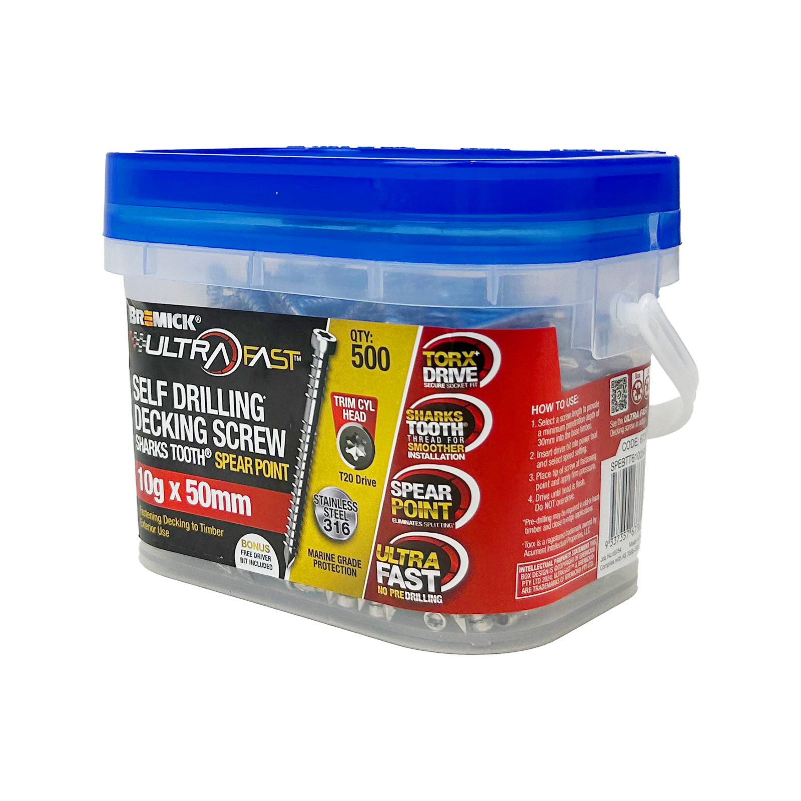 Bremick Ultrafast 10g x 50mm Stainless Steel 316 T20 Trim Head -500 Pack - Image 1 of 3