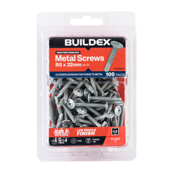 Buildex 8G x 32mm Class 3 Sheet Metal Screws - 100 Pack