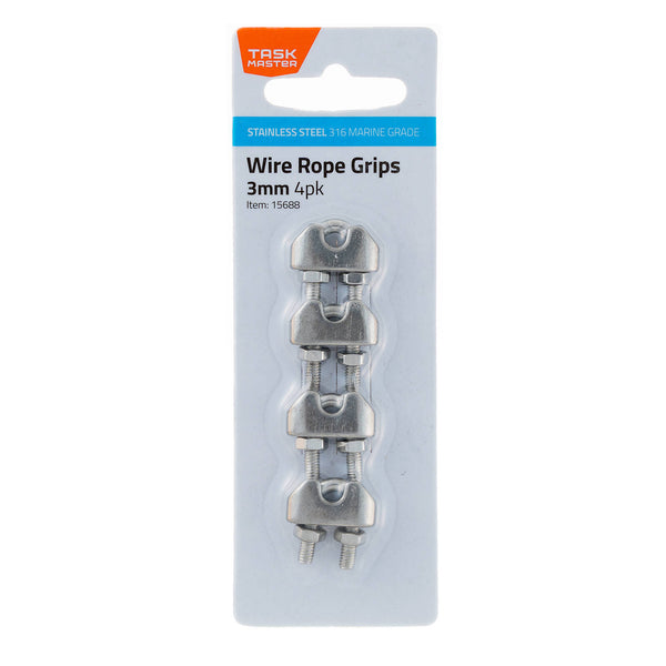 Taskmaster 3mm 316 Stainless Steel Wire Rope Grips - 4 Pack