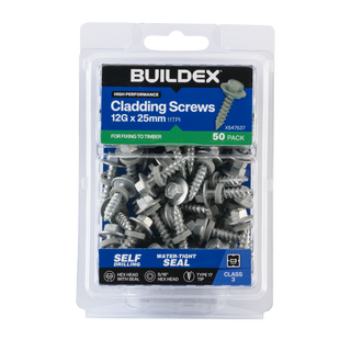 Buildex 12G x 25mm Class 3 Cladding Screws with Seal - 50 Pack