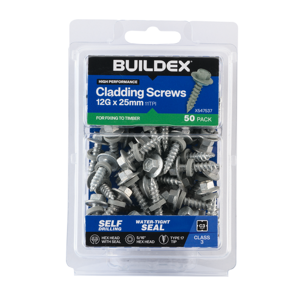 Buildex 12G x 25mm Class 3 Cladding Screws with Seal - 50 Pack