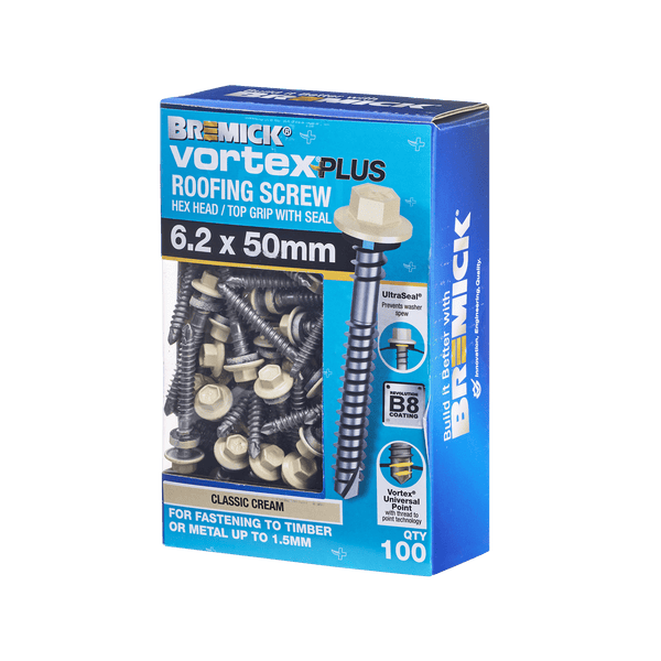 Bremick Vortex Plus Roofing Screw 6.2 x 50mm HEX B8 CC BOX 100