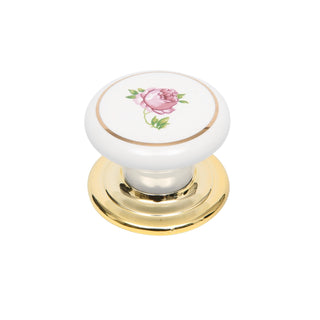 Prestige 38mm Pink Flower White Ceramic Knob with Brass Plate