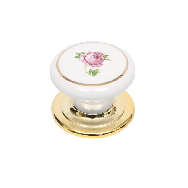 Prestige 38mm Pink Flower White Ceramic Knob with Brass Plate
