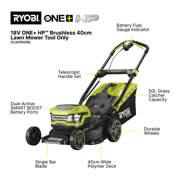 Ryobi 18V ONE+ HP 40cm Lawn Mower OLM1840BL - Tool Only