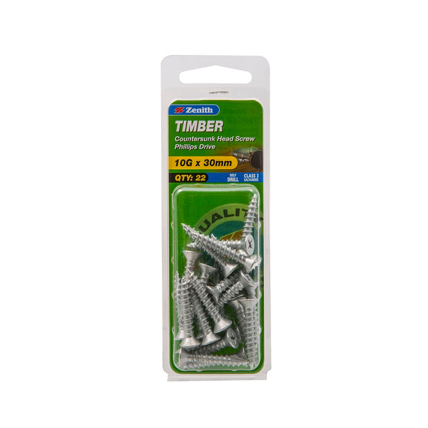 Zenith 10G x 30mm Galvanised Countersunk Head Timber Screws - 22 Pack
