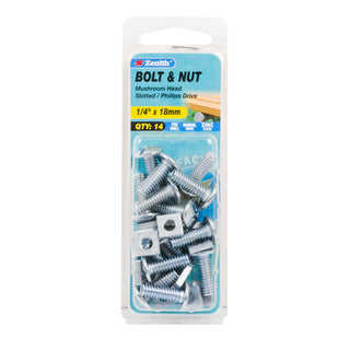 Zenith 1/4" x 18mm  Zinc Plated Mushroom Head Bolt And Nut - 14 Pack