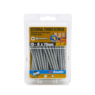 Zenith 10 - 8 x 75mm Galvanised Countersunk Rib Head Timber Screws - 50 Pack