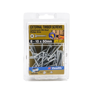 Zenith 8 - 10 x 50mm Galvanised Countersunk Rib Head Timber Screws - 50 Pack