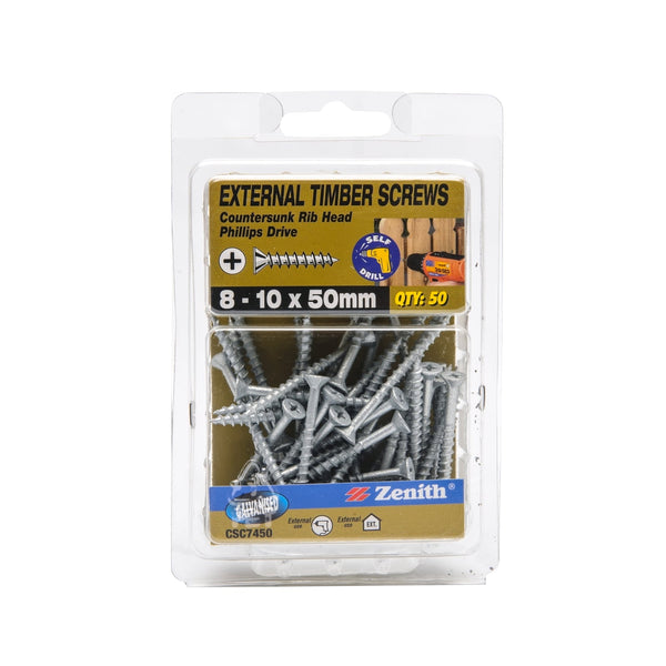 Zenith 8 - 10 x 50mm Galvanised Countersunk Rib Head Timber Screws - 50 Pack