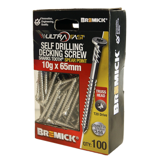 Bremick Ultrafast 10g x 65mm Stainless Steel 316 T20 Truss Head -100 Pack