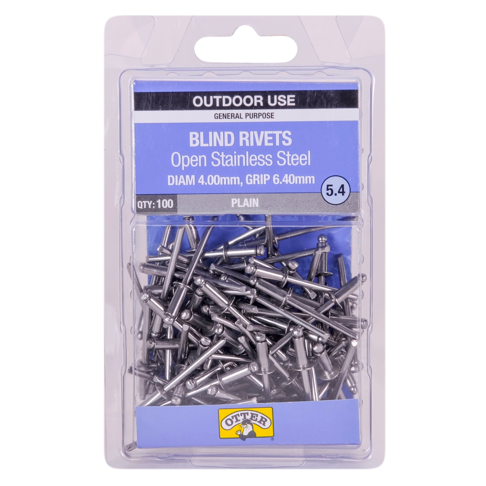 Otter 4.0 x 6.4mm Open Stainless Steel Blind Rivets - 100 Pack - Image 1 of 1