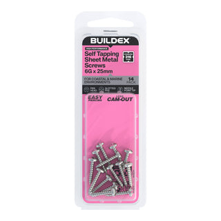 Buildex 6G x 25mm SS316 Self Tapping Sheet Metal Screws - 14 Pack