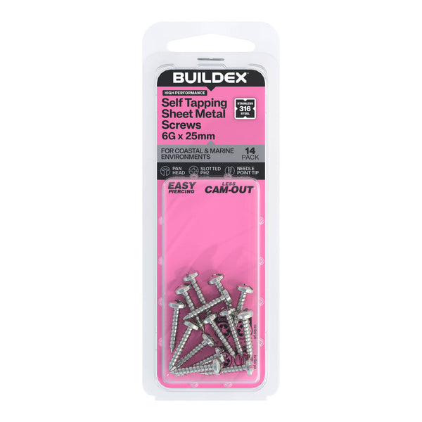 Buildex 6G x 25mm SS316 Self Tapping Sheet Metal Screws - 14 Pack