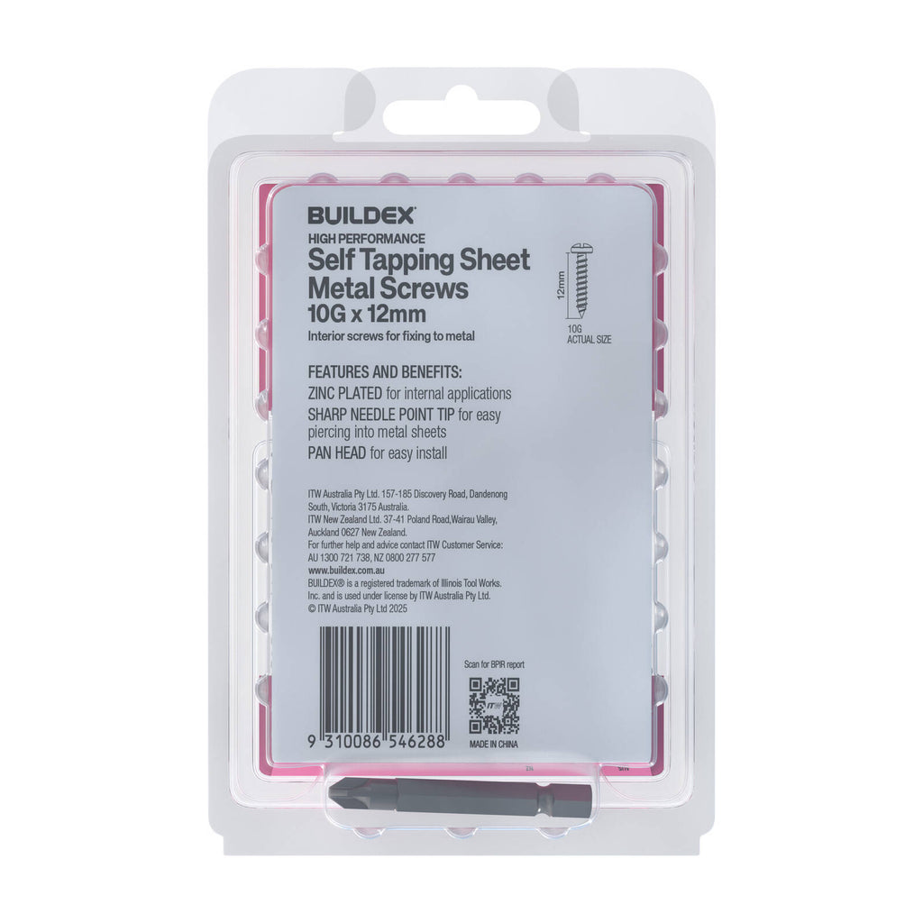 Buildex 10G x 12mm Zinc Plated Self Tapping Sheet Metal Screws - 100 Pack - Image 8 of 11