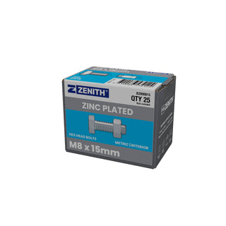 ZENITH M8 x 15mm Zinc Plated Hex Head Bolts and Nuts - Each
