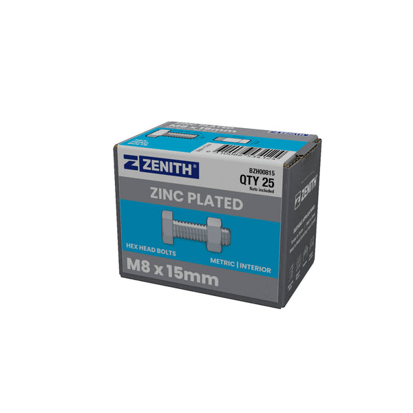 ZENITH M8 x 15mm Zinc Plated Hex Head Bolts and Nuts - Each