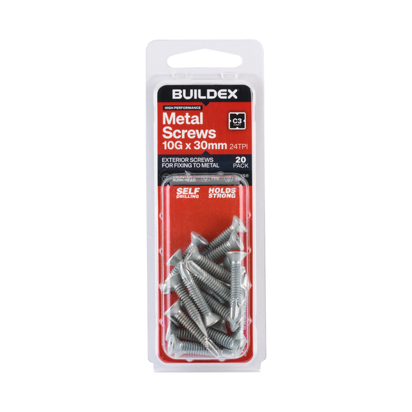 Buildex 10G x 30mm Class 3 Sheet Metal Screws - 20 Pack