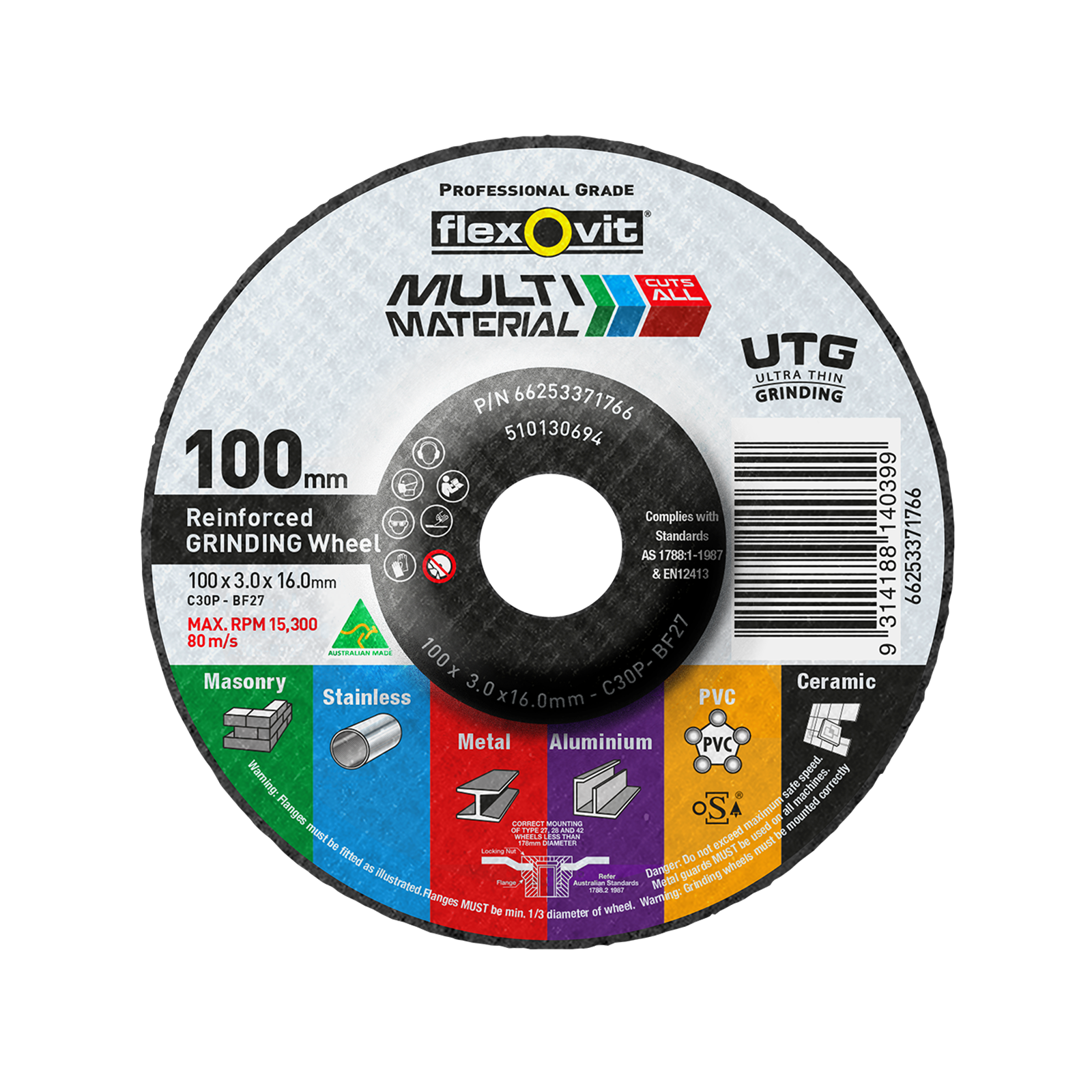 Flexovit 100 x 16mm Multi Material Reinforced Grinding Wheel - Image 1 of 1