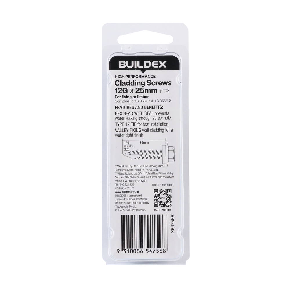 Buildex 12G x 25mm Class 3 Cladding Screws with Seal - 15 Pack - Image 2 of 5