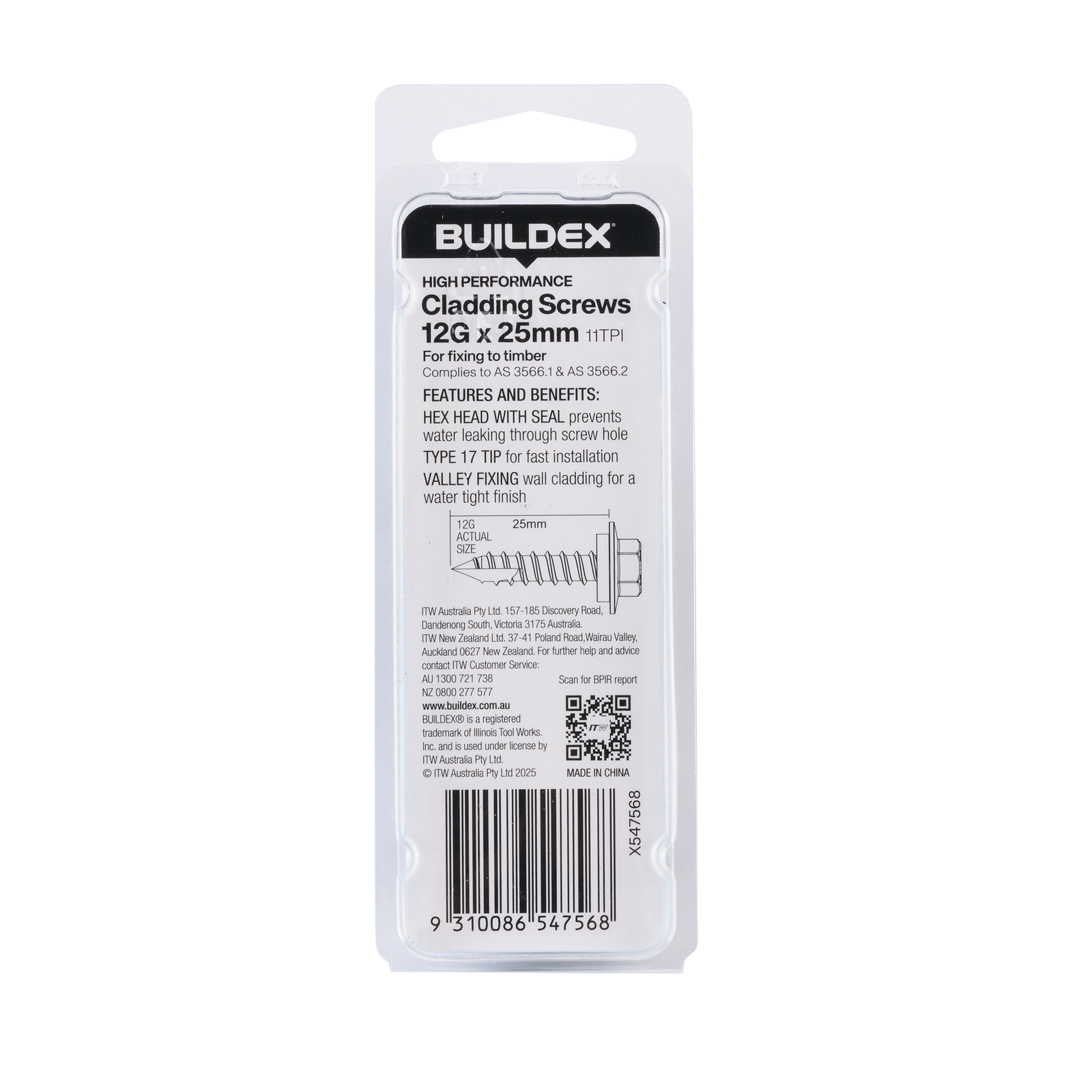 Buildex 12G x 25mm Class 3 Cladding Screws with Seal - 15 Pack - Image 2 of 5