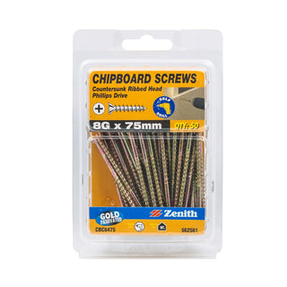 Zenith 8G x 75mm Countersunk Rib Head Chipboard Screws - 500 Pack