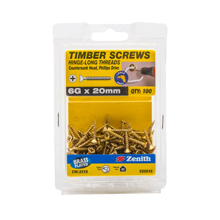 Zenith 6G x 20mm Brass Plated Hinge-Long Thread Countersunk Head Timber Screws - 100 Pack