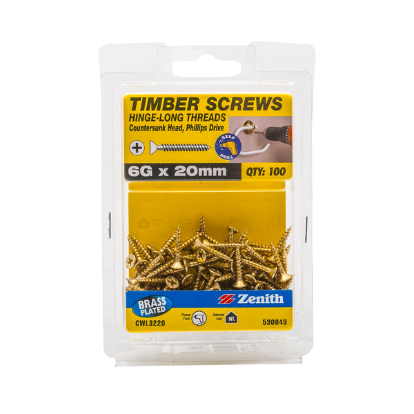 Zenith 6G x 20mm Brass Plated Hinge-Long Thread Countersunk Head Timber Screws - 100 Pack